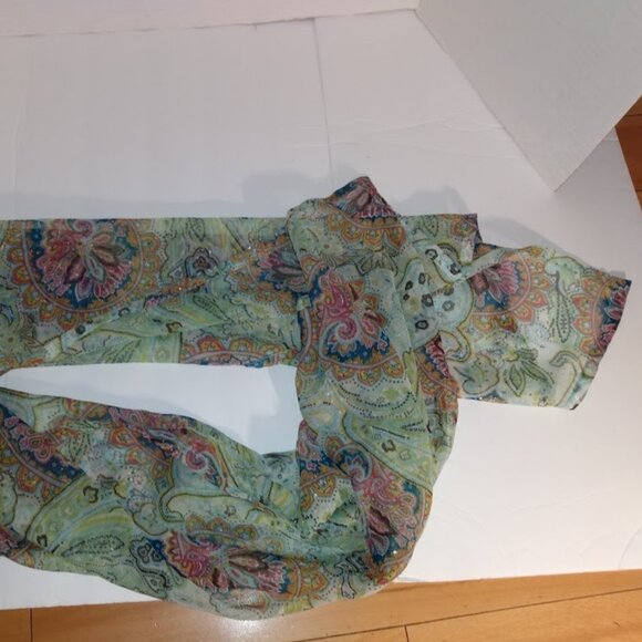 Sequence green gold design look scarf. Measures approx. 22"x56.5". - Picture 1 of 3